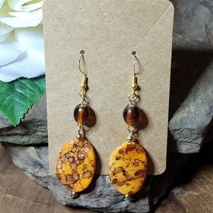 Dangle Drop Earrings Gold Toned With Animal Print & Amber Orange Accent Beads